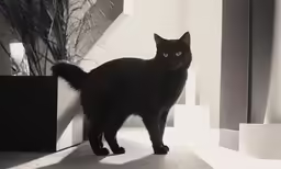 a black cat stands on the edge of a stairway