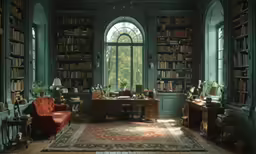 an empty library with a chair and desk, filled with books
