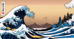 a big wave that is crashing on the water,an illustration of the great wave by a tree