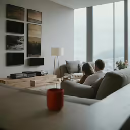 couple sitting on couch looking out at ocean