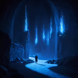man walking into the tunnel that is set on fire