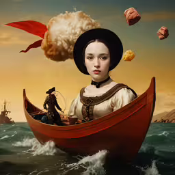 the girl on the boat is floating in the water,a woman sits in a red boat with clouds above her