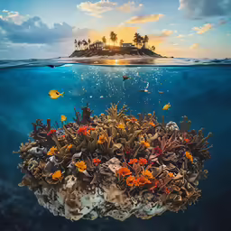 an island with lots of plants and fish under water