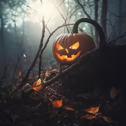 an illuminated pumpkin sits in a wooded area