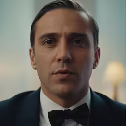a man in a tuxedo looks ahead to see something