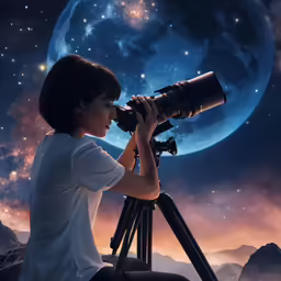 a boy sitting down and looking through his binoculars at the moon