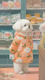 a small white dog standing in front of a market,a painting of a dog in a jacket looking in the supermarket