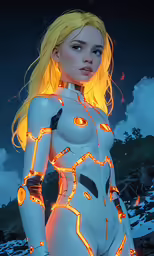 an animated rendering of a nude - clad woman in neon lights