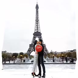 a woman holding a man by the eiffel tower