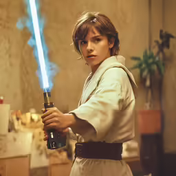 the young star wars princess lei lei in costume holds her lights saber