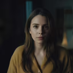 a woman standing in a dark room in front of a table