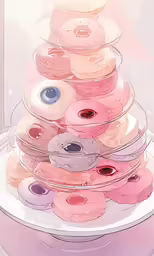 donuts on top of a cake plate with an umbrella in the background
