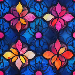 an abstract stained glass wall with flower designs