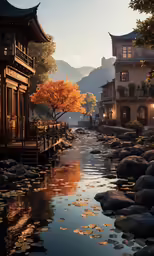 a stream surrounded by buildings is near a bridge