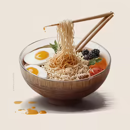 two chopsticks are in the bowl with rice noodles