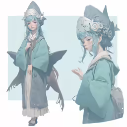 two pictures of a woman with some different costumes