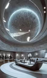 a large circular room with furniture and lighting