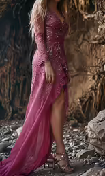 woman in long dress on rock ground posing