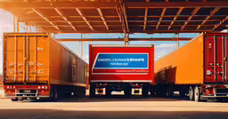the back of a semi truck driving under a bridge,a container truck with orange trailer next to it