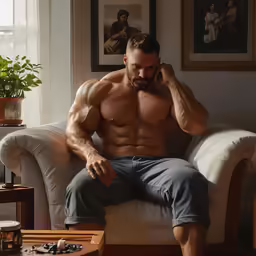 a man with muscles sitting on a couch