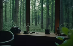 bottles, glasses, camera and cup on an old table by a forest view