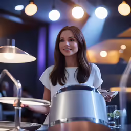 the woman standing in the kitchen is cooking some food