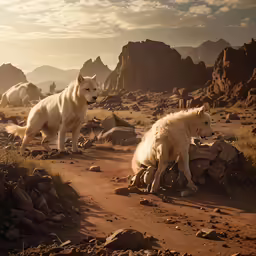 the two white dogs are looking at something in the distance