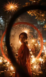 a woman stands in front of a circular lit display of candles