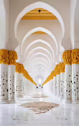 a large hallway with archways and columns covered in yellow flowers