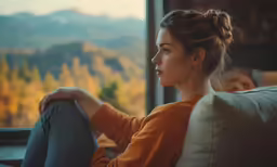 a young lady looking out a window at the mountains