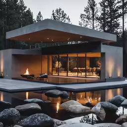 a modern house with an outdoor fireplace and glass front door