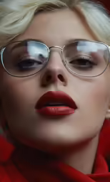 a young blonde woman with eyeglasses and lipstick