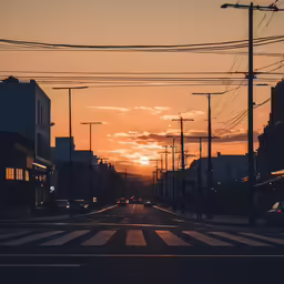 an empty street with buildings in the background and electric wires on the pole above