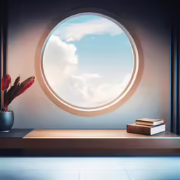 a round window shows the sky and clouds outside