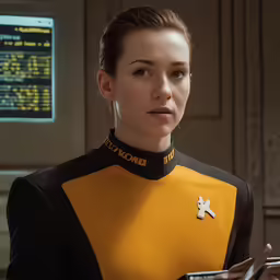 woman in uniform looking towards camera and texting