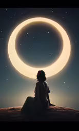 a person sitting in front of a glowing moon on a night sky