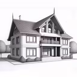 the house is drawing a perspective with the windows,a drawing of a house with trees around