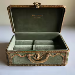 an old vintage green case is empty on the table