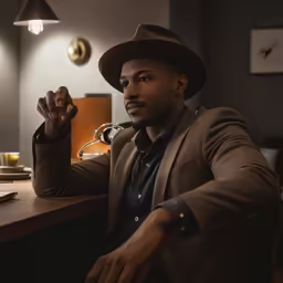 a man wearing a brown hat and jacket at a table