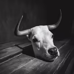 a horned animal with long horns sits in the corner