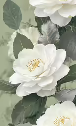 white flowers with green leaves and a grey background