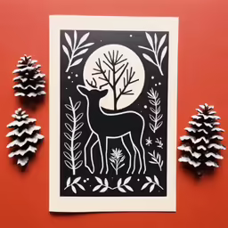 three pine cones and a card are sitting next to each other