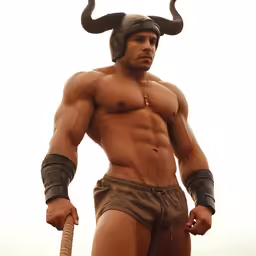 the man has a horned hat and is shirtless