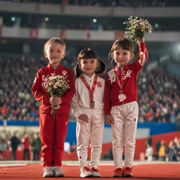 three children holding flowers on the podium during a sporting event