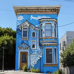 this is a painted house in the street with a staircase leading up to it