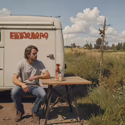 a man sitting in front of a table that reads endrompo