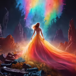 a beautiful girl with long colorful dress standing on the ground under a rainbow - colored rainbow cloud