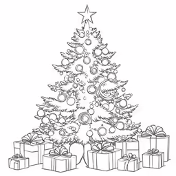 a coloring book with a christmas tree, presents and presents