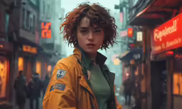 a girl with red hair and green shirt standing in the rain