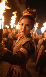 woman in a medieval outfit holding a stick and flame